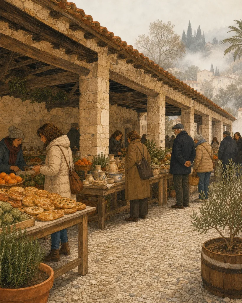 El Mercat del Riurau en una mañana de niebla.