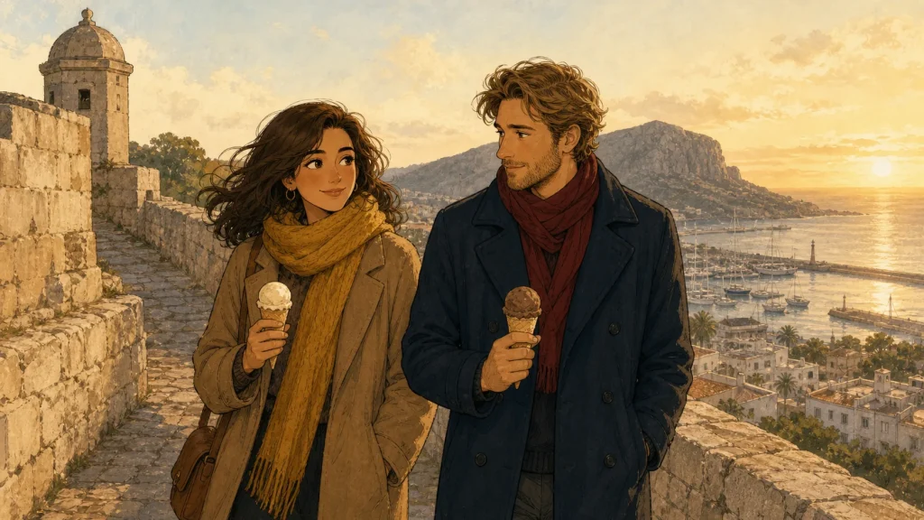 Marina y Sebastian pasean junto al Castell de Dénia.