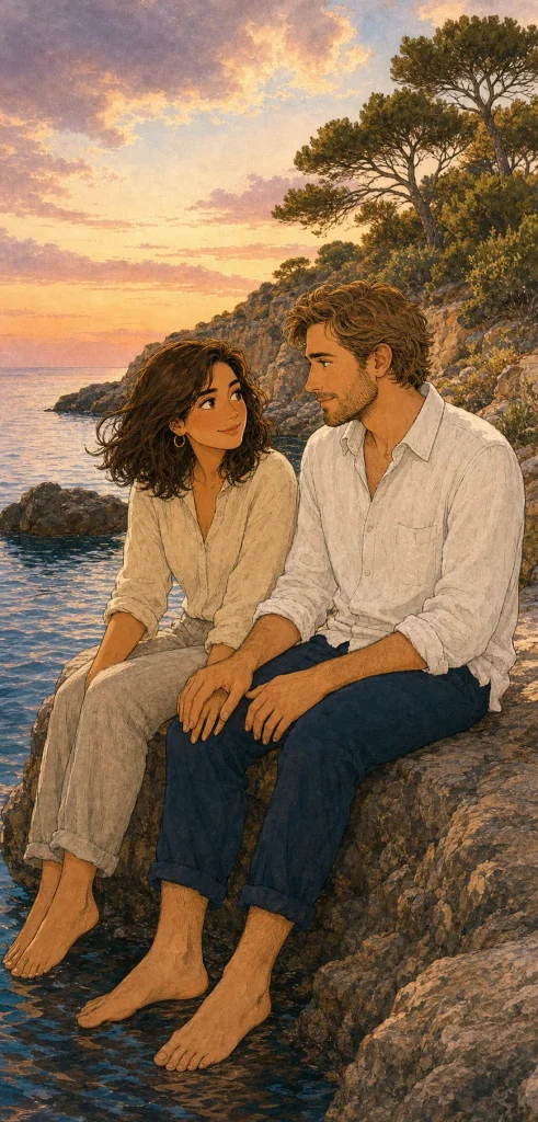 Marina y Sebastian al atardecer en Les Rotes.