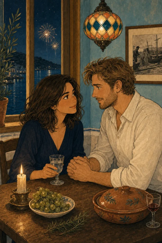 Una cena íntima de Nochevieja frente al mar.